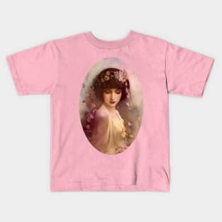 Vintage Style Portrait of Beautiful Woman with Flowers Kids T-Shirt